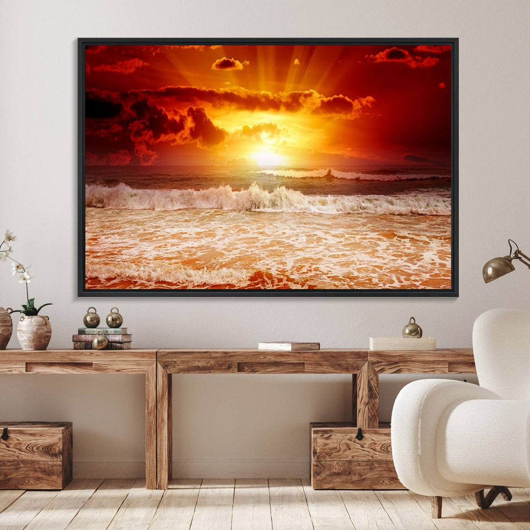 The Red Sunset Ocean Beach Canvas depicts ocean waves.