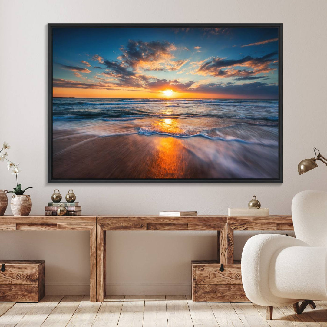 The Sunset on the Ocean canvas adds coastal ambiance to the wooden wall.