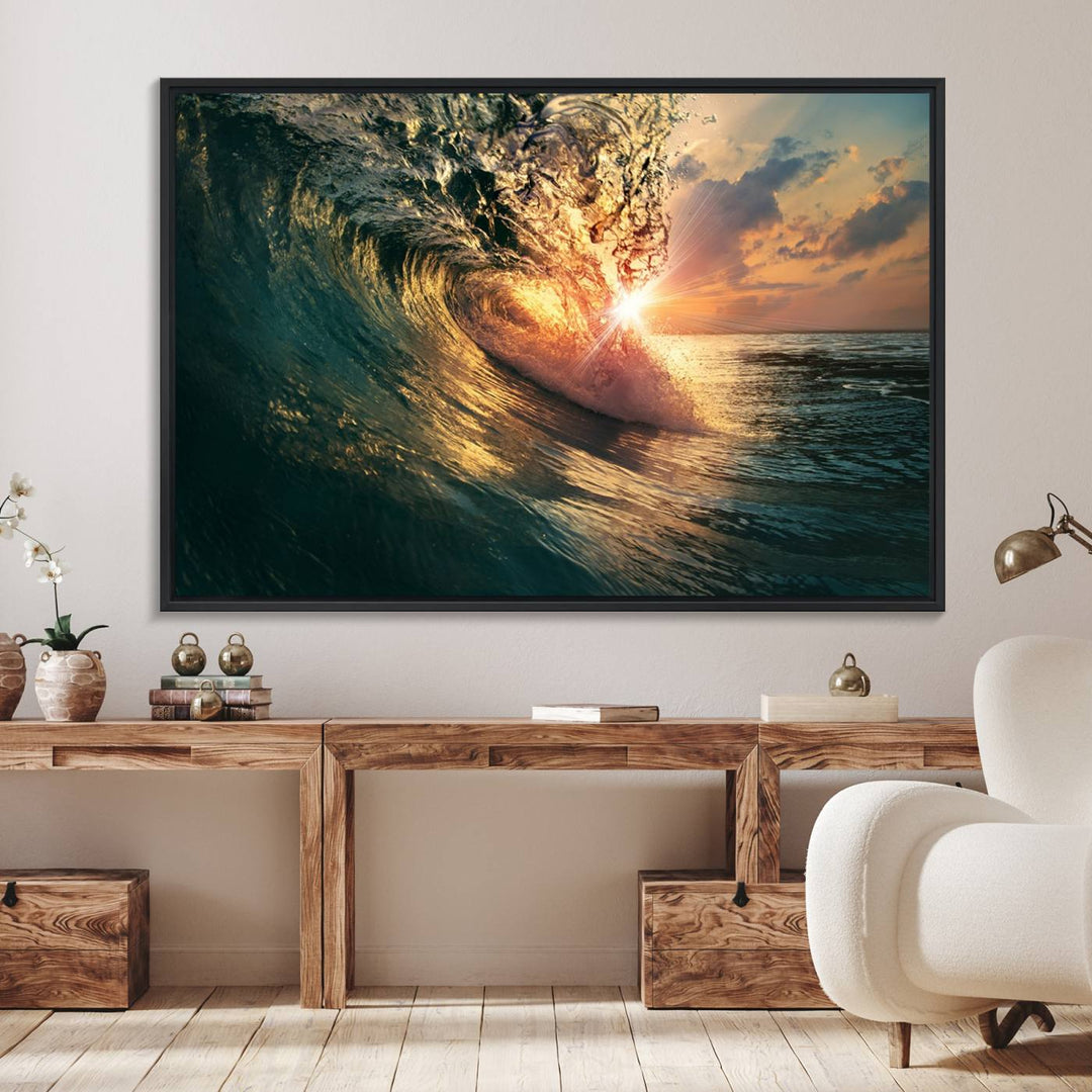 A triptych seascape titled Ocean Wave Sunset Canvas, featuring a stunning ocean view at sunset, is beautifully framed and ready to hang.