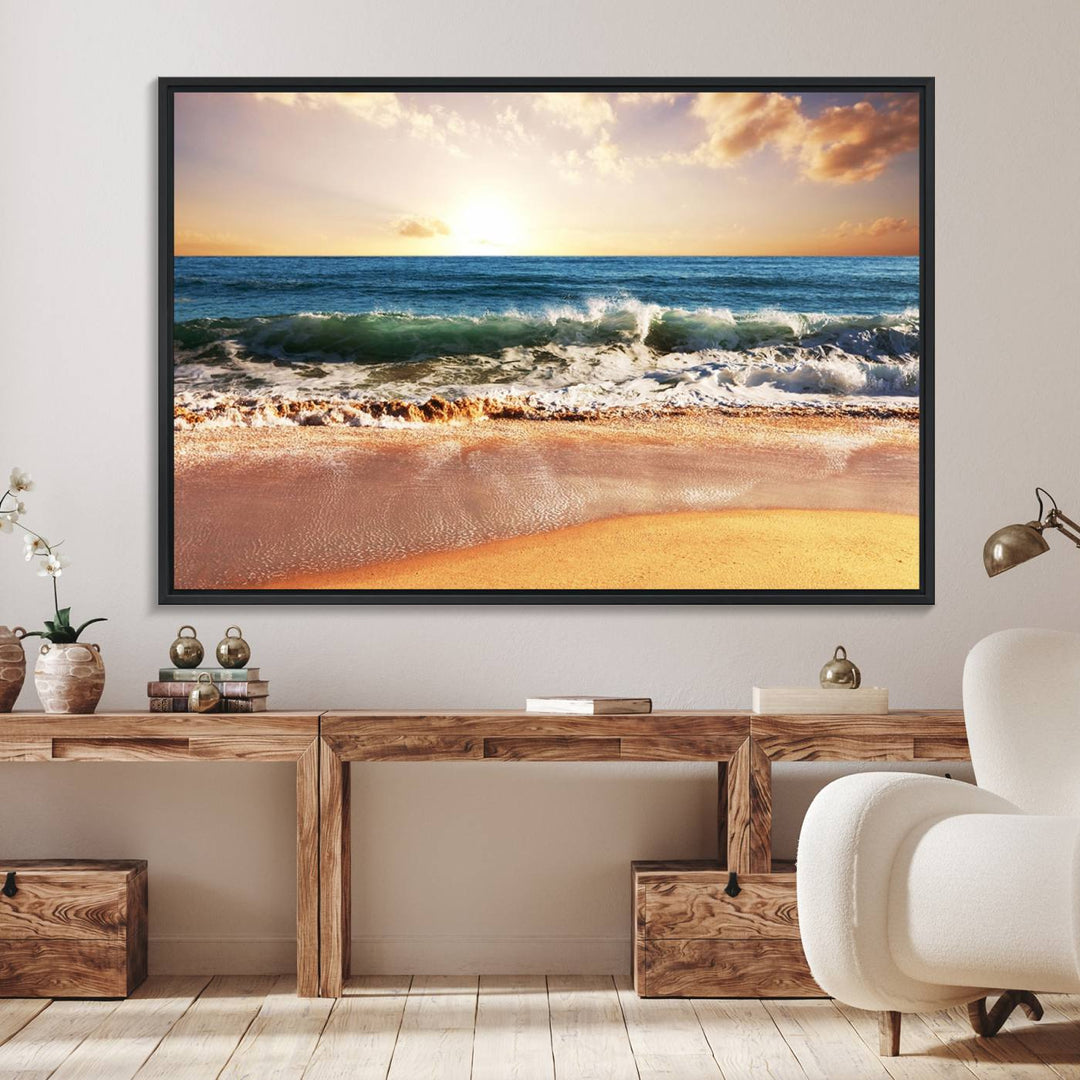 The wall features a Canon-quality Serene Beach Path canvas giclee print, depicting coastal dunes.