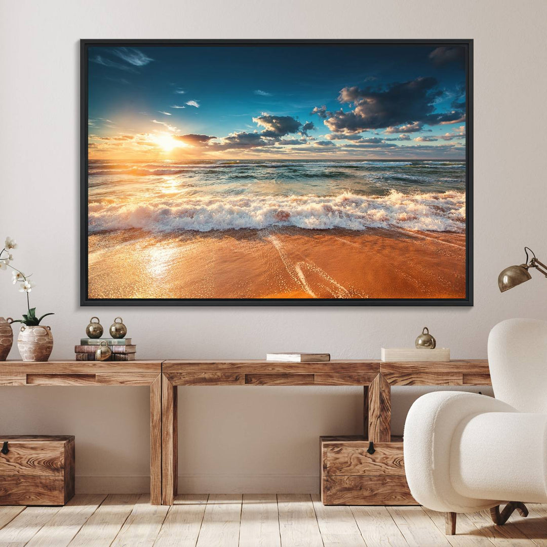 A Golden Sunset Beach Triptych Canvas Art hangs on a white wall.