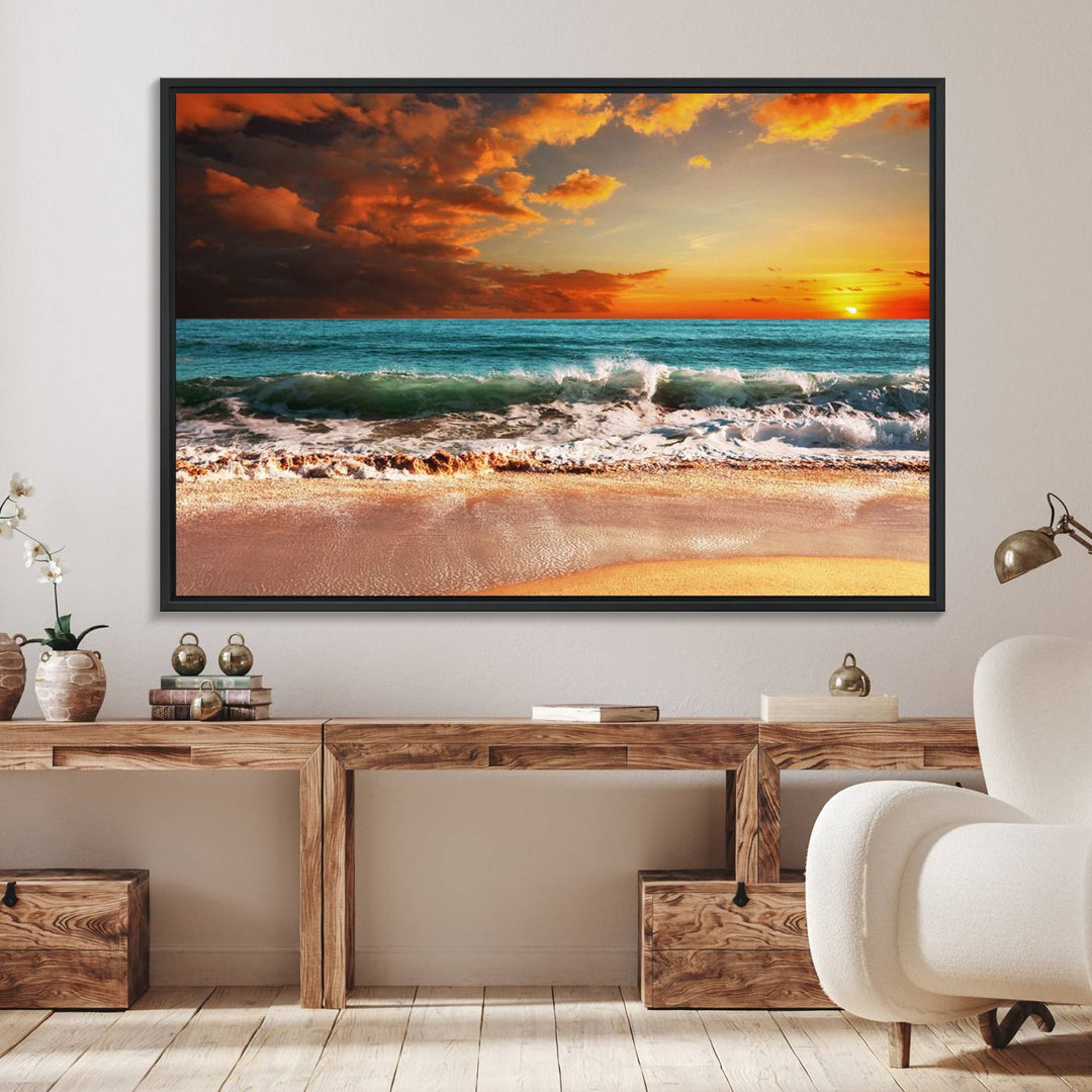 A Golden Sunset Beach triptych seascape canvas hangs on the wall.