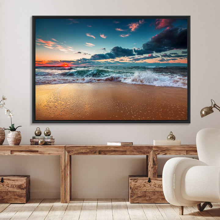 A large 3-panel sunset ocean beach canvas is displayed above the counter.