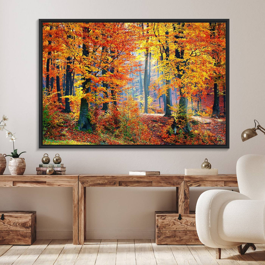 The room features an Autumn Red Forest Triptych Canvas Wall Art.