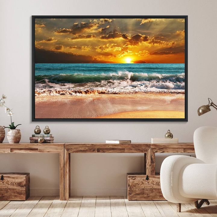 Golden Sunset Beach Canvas Triptych adorns the cozy room, creating a stunning focal point.