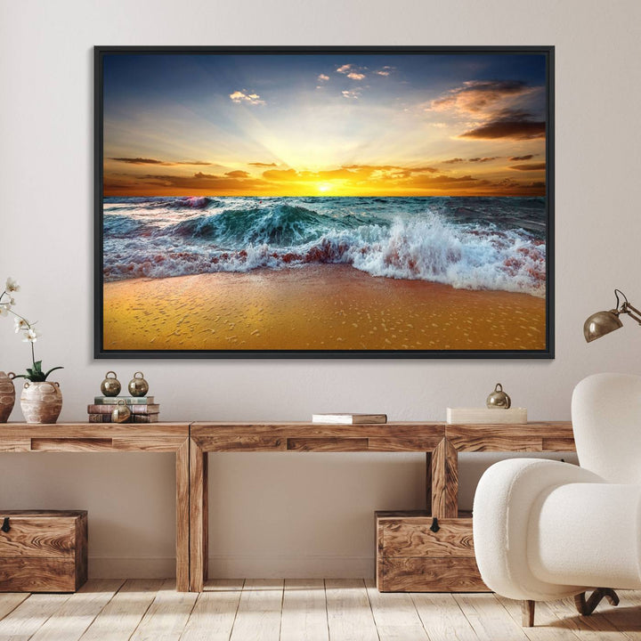 The kitchen features the Golden Sunset Ocean Waves multi-panel coastal wall art canvas.