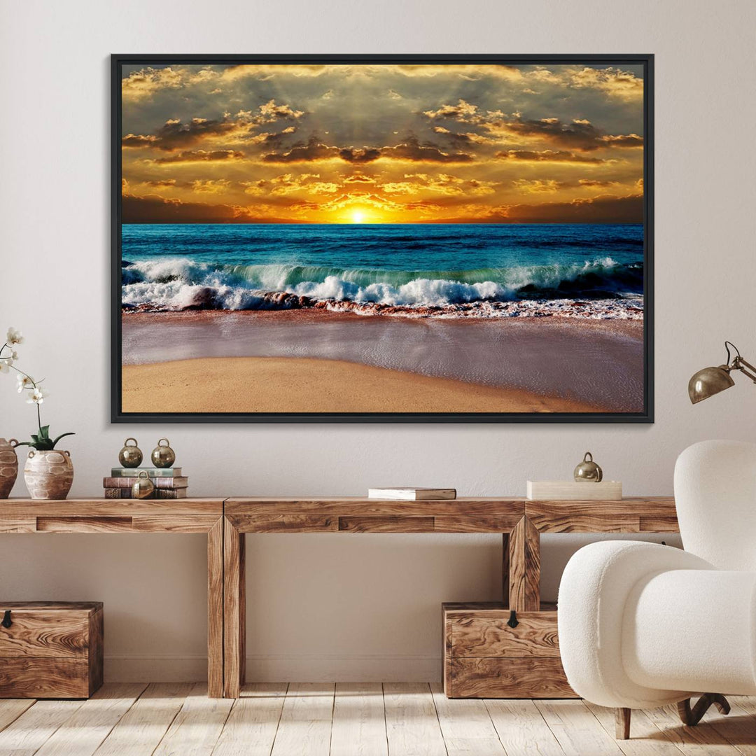 The Ocean Sunrise Over Golden Beach Waves wall art is prominently displayed, capturing the serene beauty of a beach at sunrise.