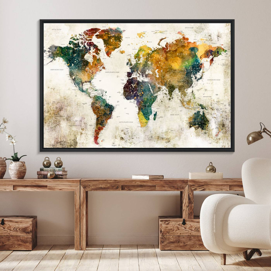 A 3-panel vintage world map canvas art is displayed.