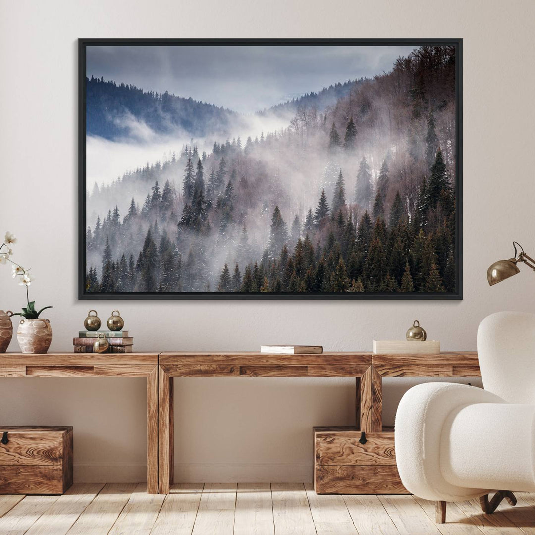 A museum-quality canvas of Beautiful Rising Fog in Winter Mountain Landscape hangs on the wall.