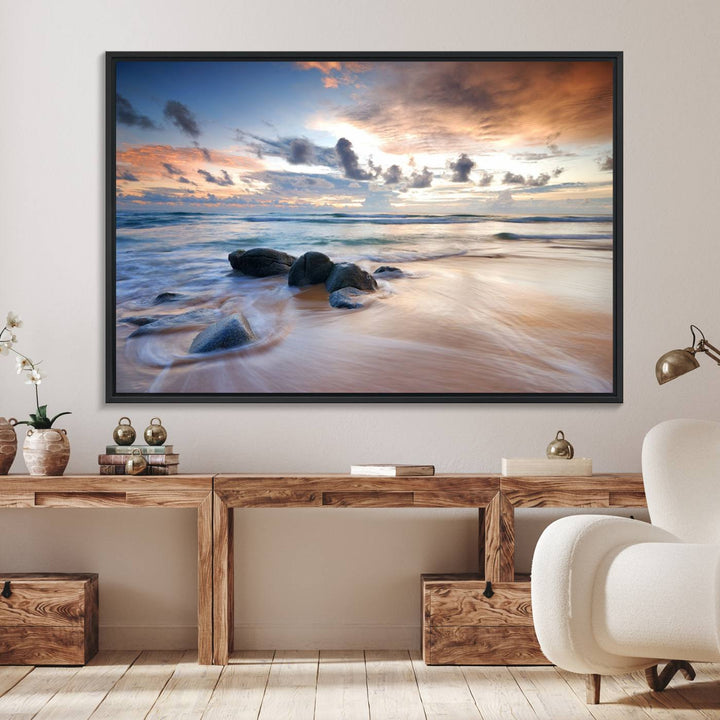 The Serene Weather On The Beach wall art canvas is ready to hang.