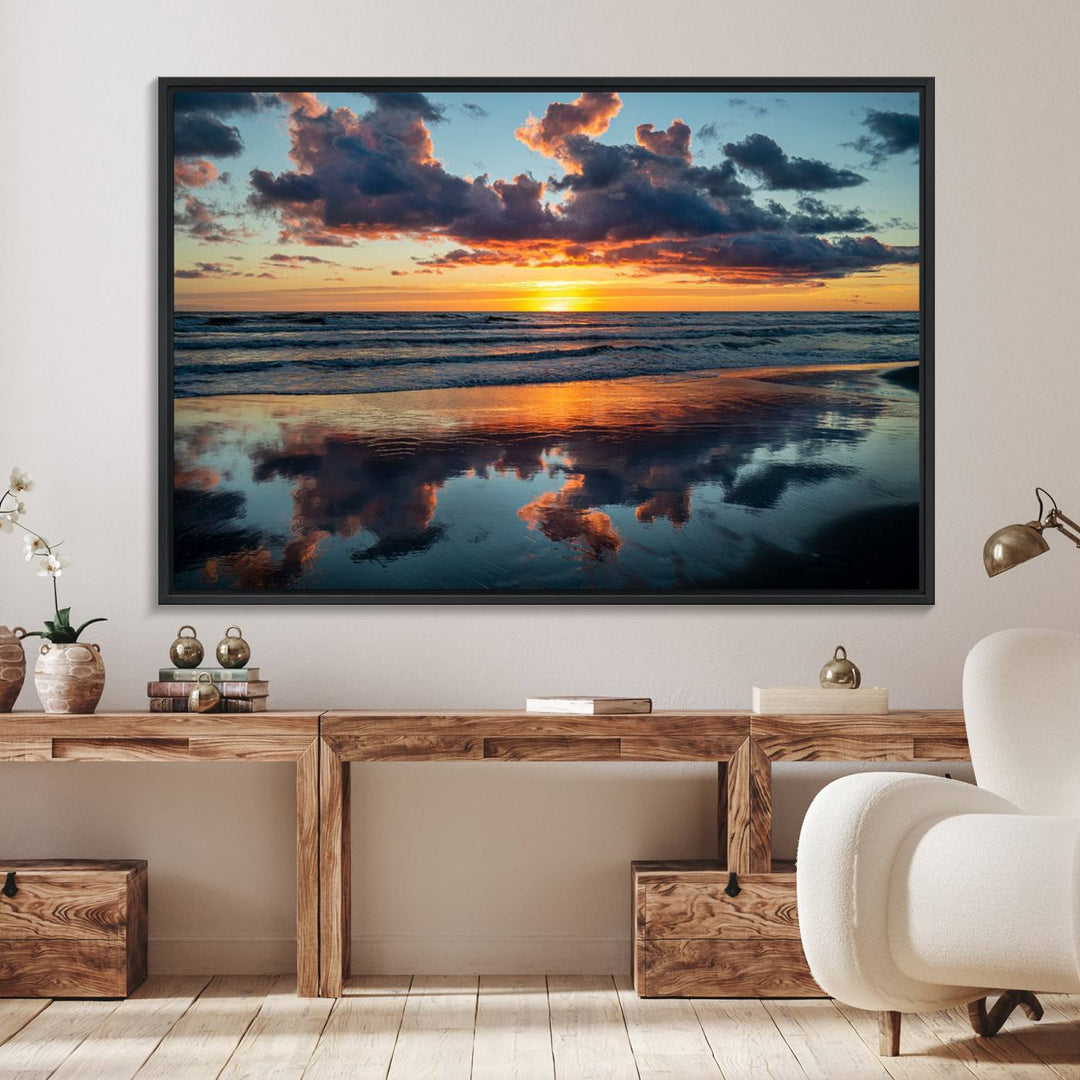 A Beach Sunset Print - Stunning Ocean Canvas Artwork adorns the wall.