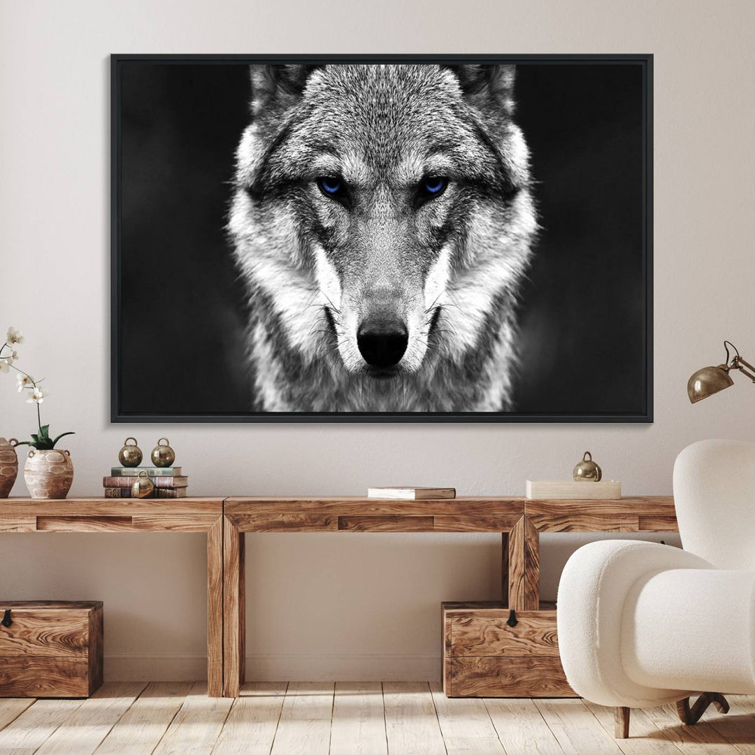 A ready-to-hang Black and White Wild Wolf Wall Art Canvas Print.