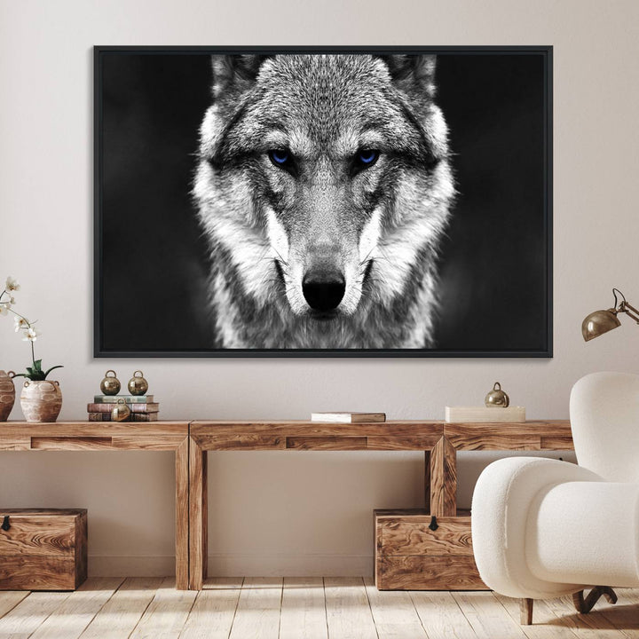 A ready-to-hang Black and White Wild Wolf Wall Art Canvas Print.