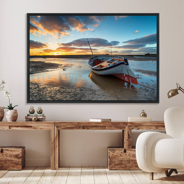 The Small Boat At The Beach Sunset wall art canvas print features UV coating, is museum-quality, and is ready to hang.