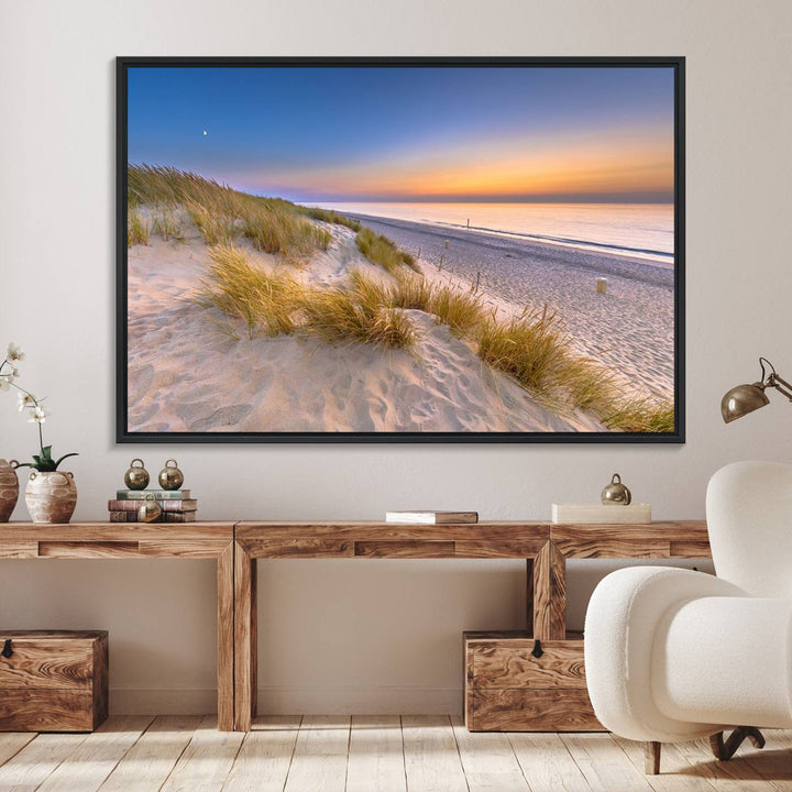 The cozy kitchen features the Sunrise On The Beach canvas art.