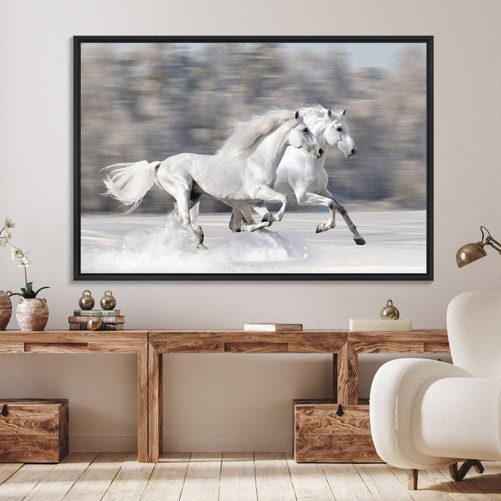 Museum-quality All The White Horses canvas print of two white horses in snow, ready to hang.