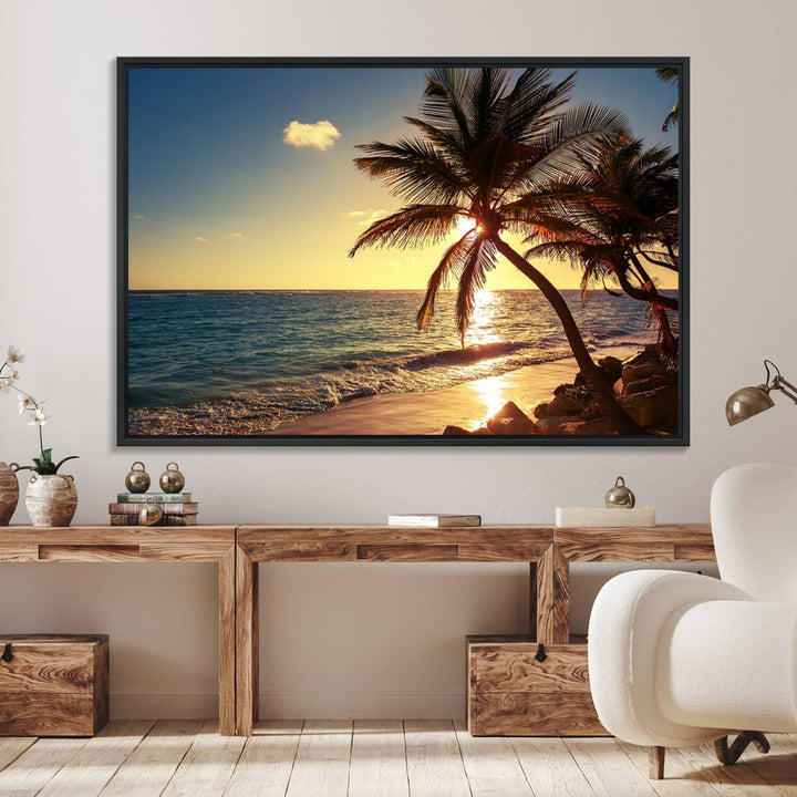 Sunset Palm Trees Wall Art Canvas Print: a serene beach scene on museum-quality canvas.