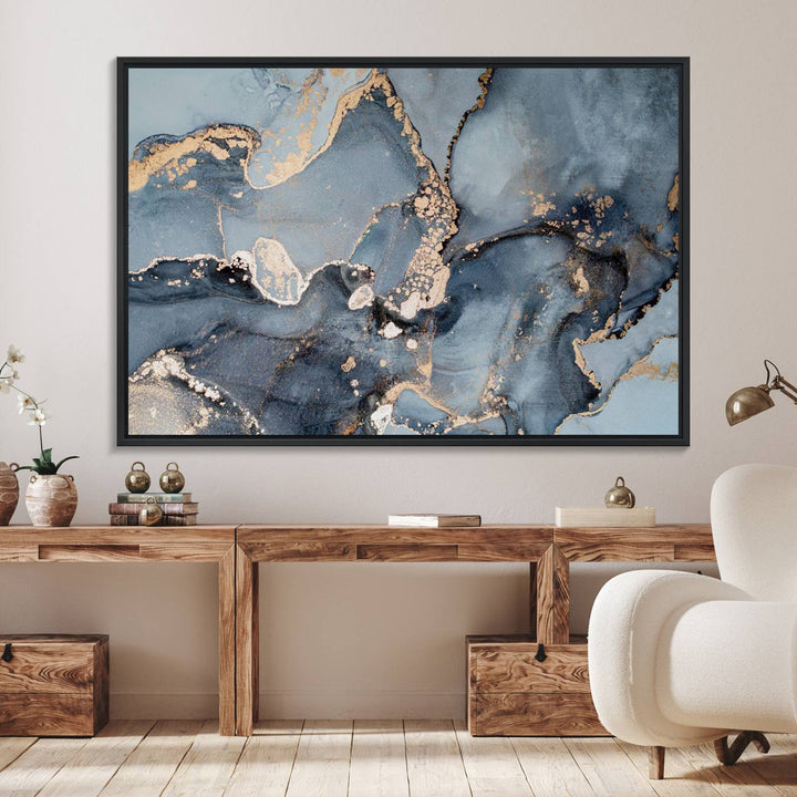 A Multipanel Marble Fluid Effect Canvas Print hangs prominently on the wall.