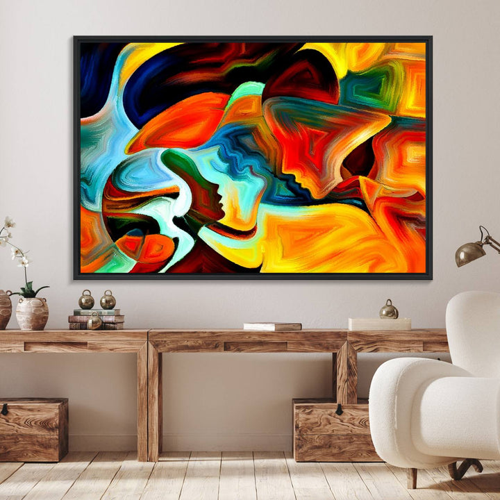 The kitchen wall features the Human Love Figures Abstract Wall Art Canvas Print.