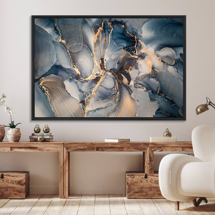 Abstract wall art canvas print is displayed prominently, adding a modern touch to the decor.