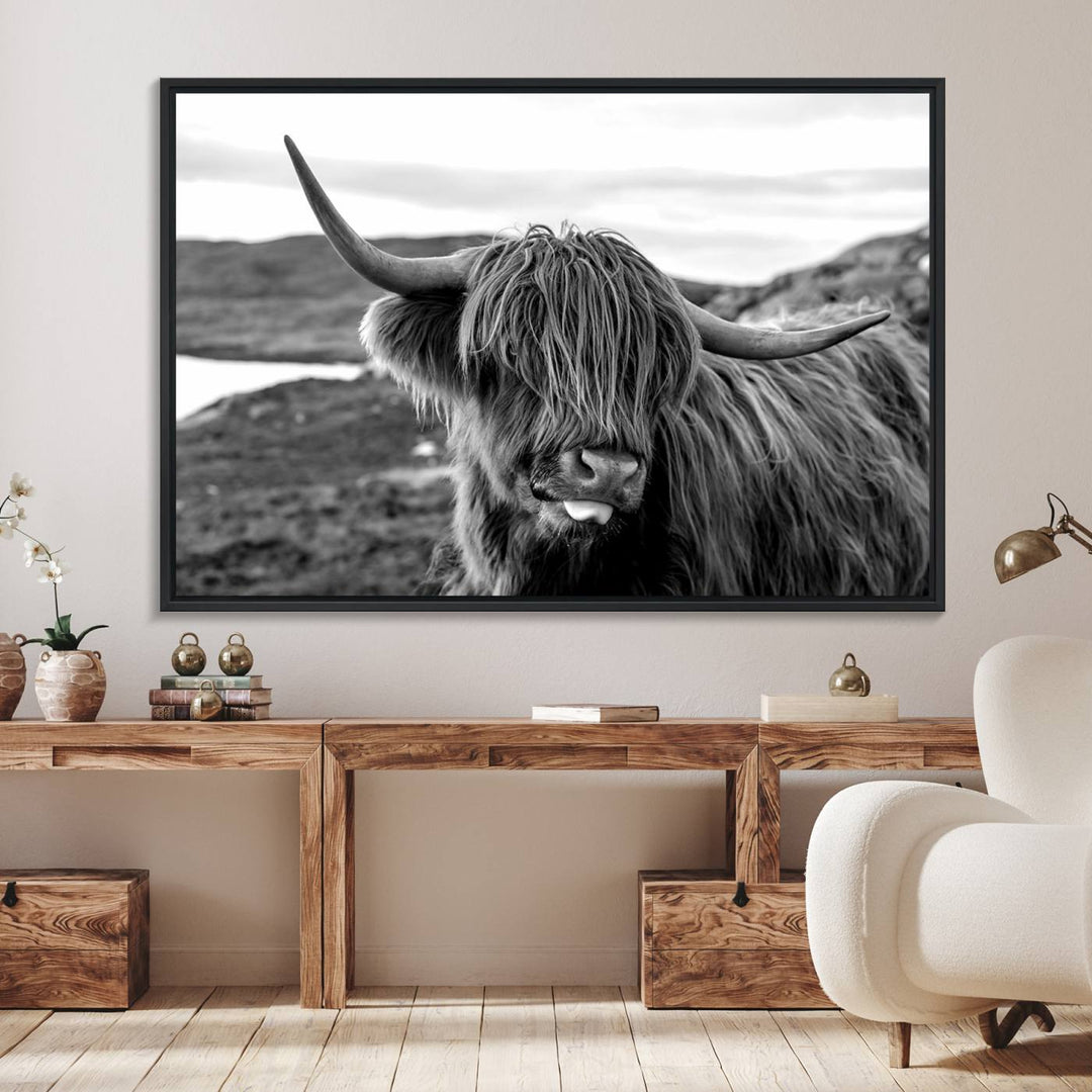 Highland Cow Canvas – Black & White, Framed, Ready to Hang Rustic Farmhouse Wall Art.