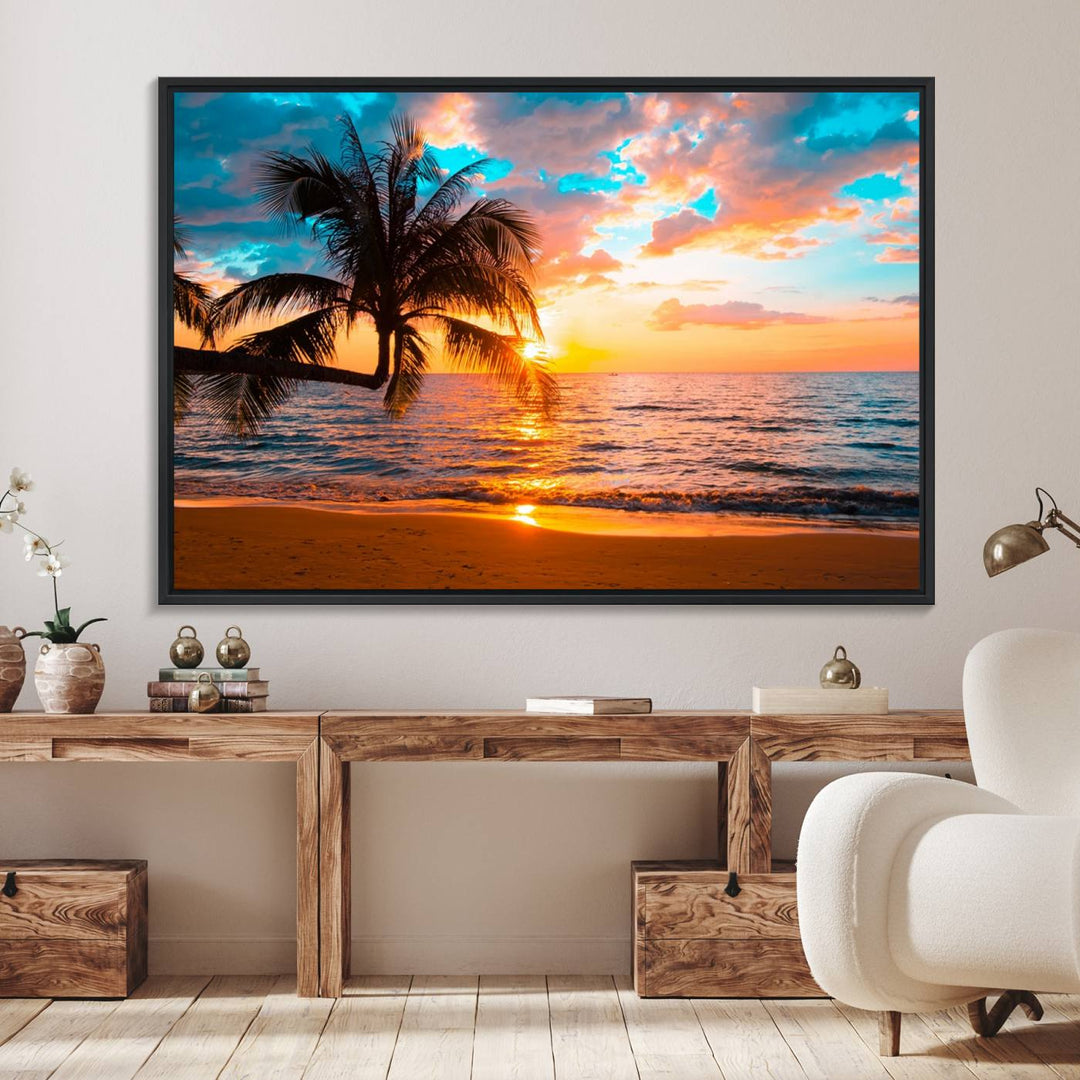 The Palm Tree Sunset On The Beach ready-to-hang canvas wall art—museum quality—brings a serene atmosphere to the room.