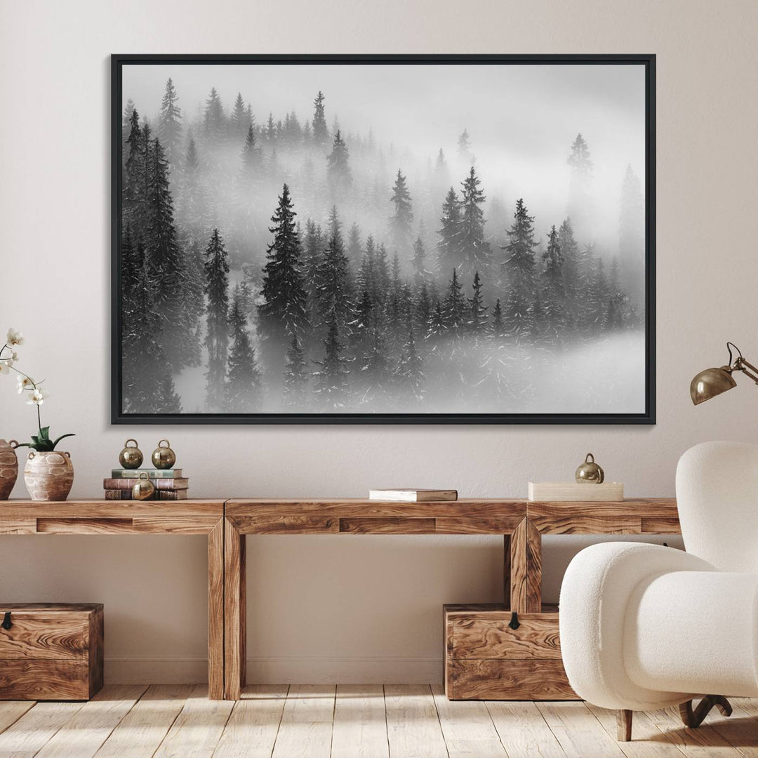 A stunning Foggy Misty Forest Canvas Wall Art adorns the kitchen wall.