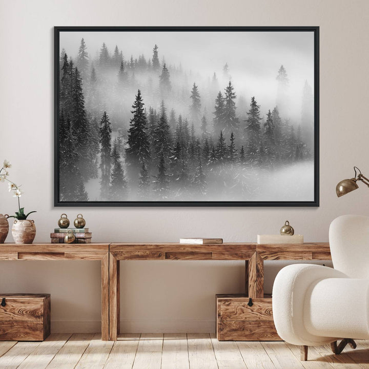 A stunning Foggy Misty Forest Canvas Wall Art adorns the kitchen wall.