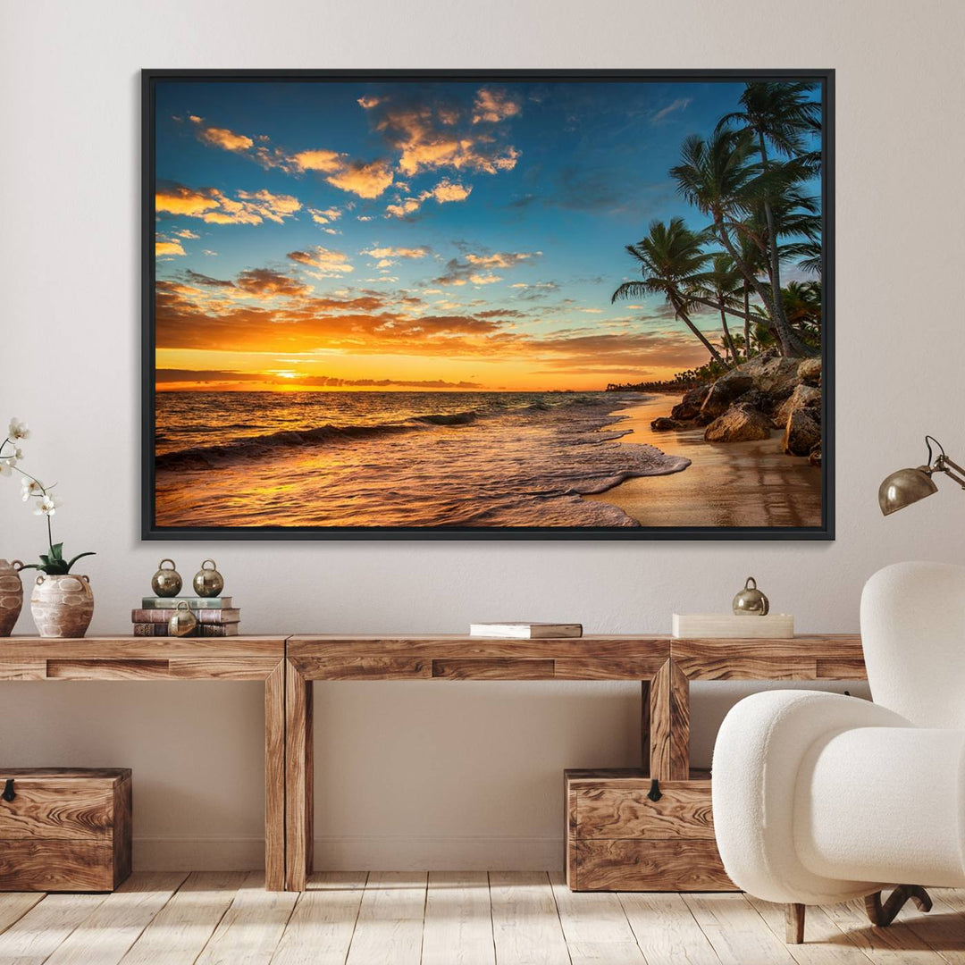 A stunning beach sunset on a museum-quality Sunset Wall Art Canvas Print adorns the kitchen wall.