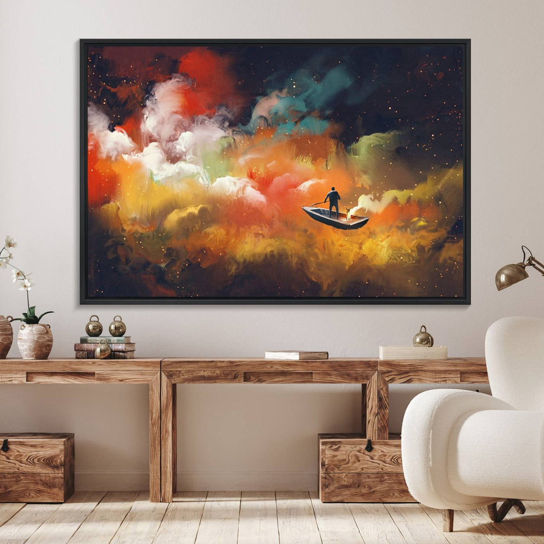 Surreal Space Adventure Canvas Wall Art features a person in a boat.