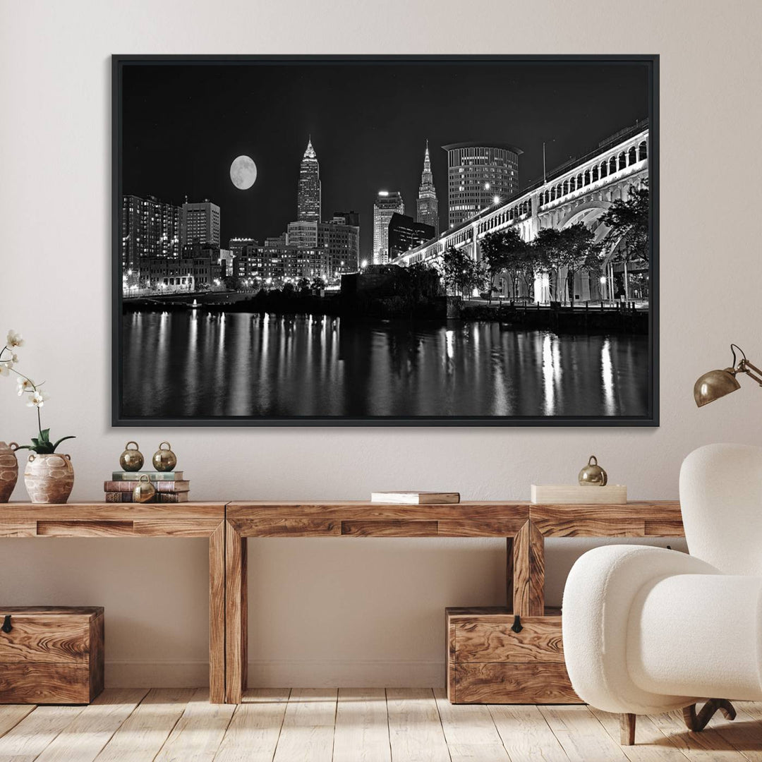 Cleveland Night Skyline Canvas Print: A museum-quality piece, ready to hang, featuring a stunning full moon and its reflections below.