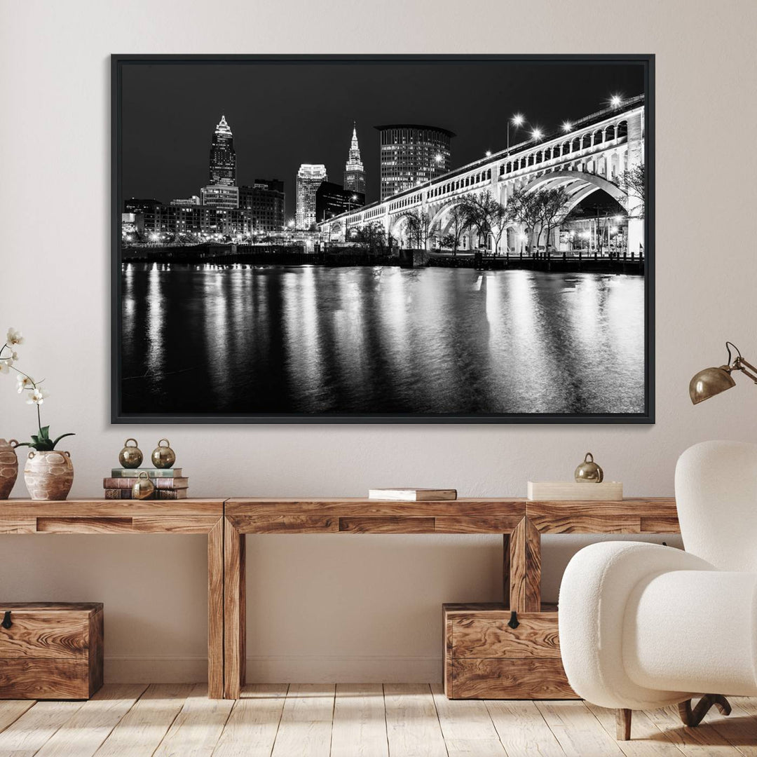 The Cleveland Night Skyline Canvas Print hangs prominently.