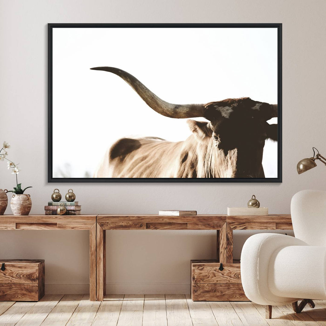 A 3-panel Texas Longhorn canvas adds a touch of rustic Western decor.