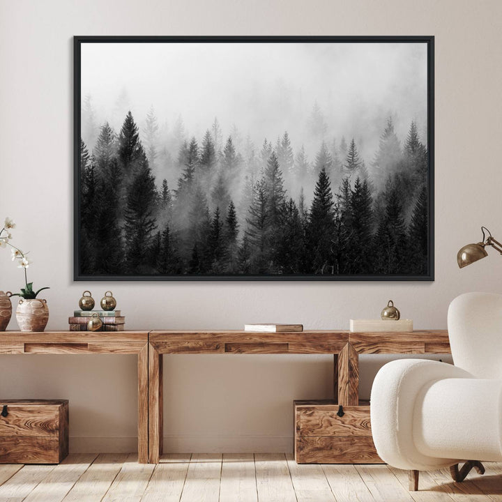 The Foggy B&W Forest Wall Art, featuring pine trees, enhances the minimalist kitchen ambiance.