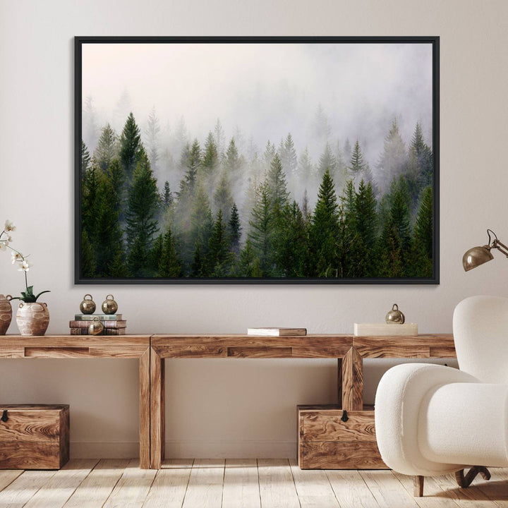 Misty Pine Forest Canvas Print serves as a foggy forest decor piece in the kitchen.