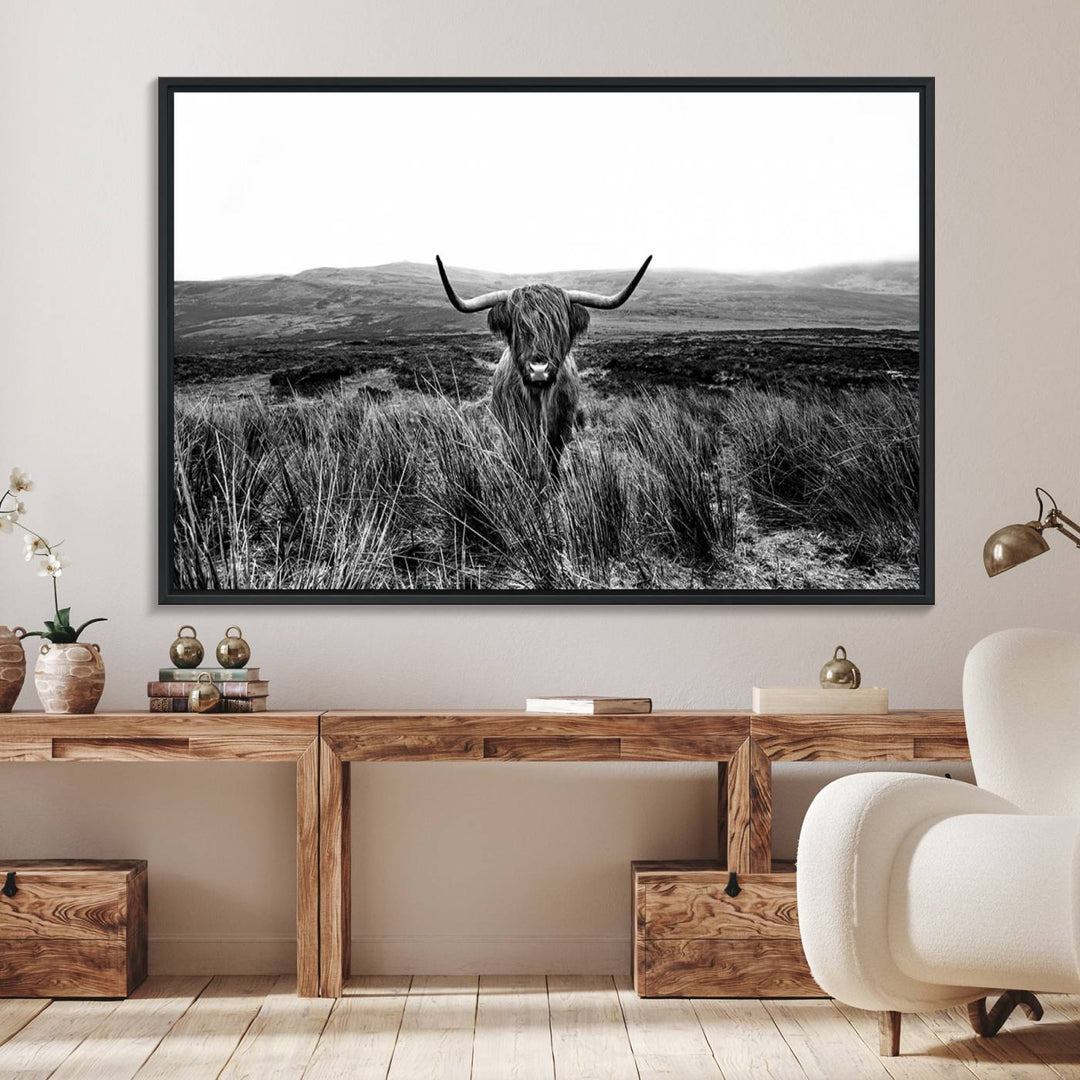 Dining room featuring a Black and White Highland Cow Canvas for a Western-themed decor.