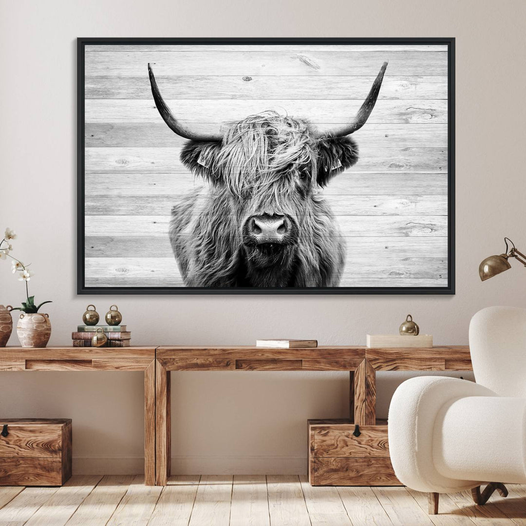 Scottish Highland Cow Cattle Art adds rustic farmhouse charm to the space.