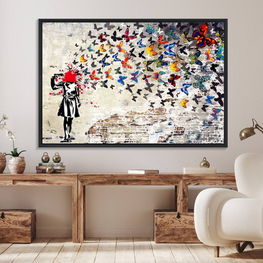 Banksy Art Butterfly Girl Explosion: Vibrant urban graffiti canvas for modern interiors, ready to hang.