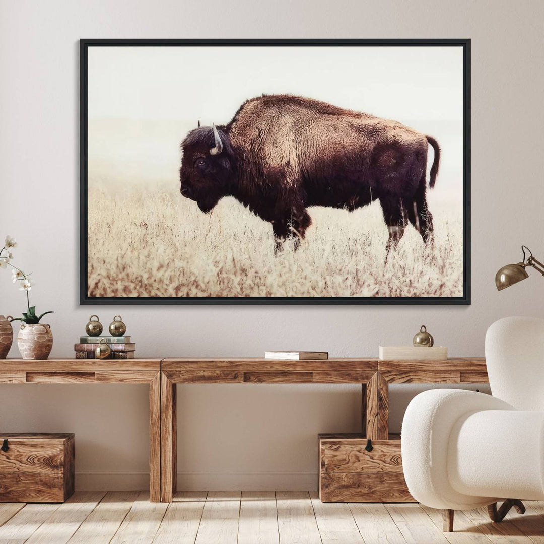 The dining room showcases the Bison in Field canvas print.