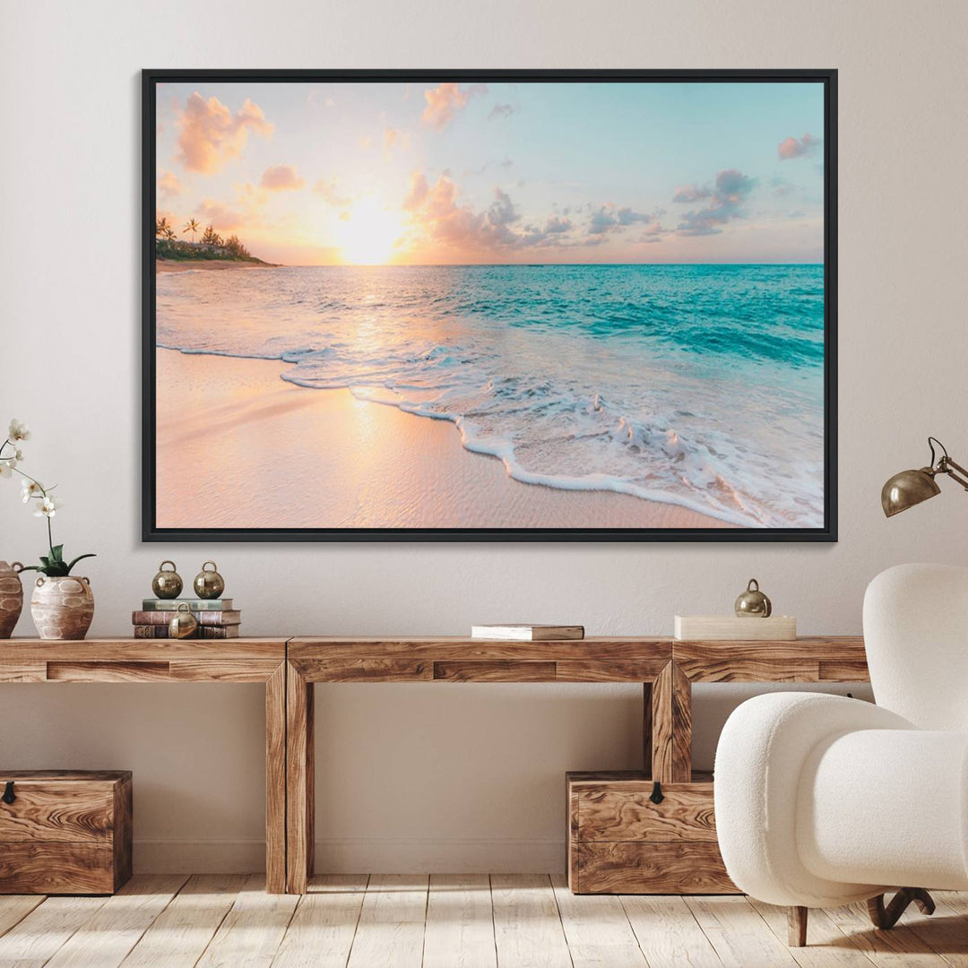 The kitchen features the Beach Sunrise Wall Art, Coastal Sunset Beach Scene.