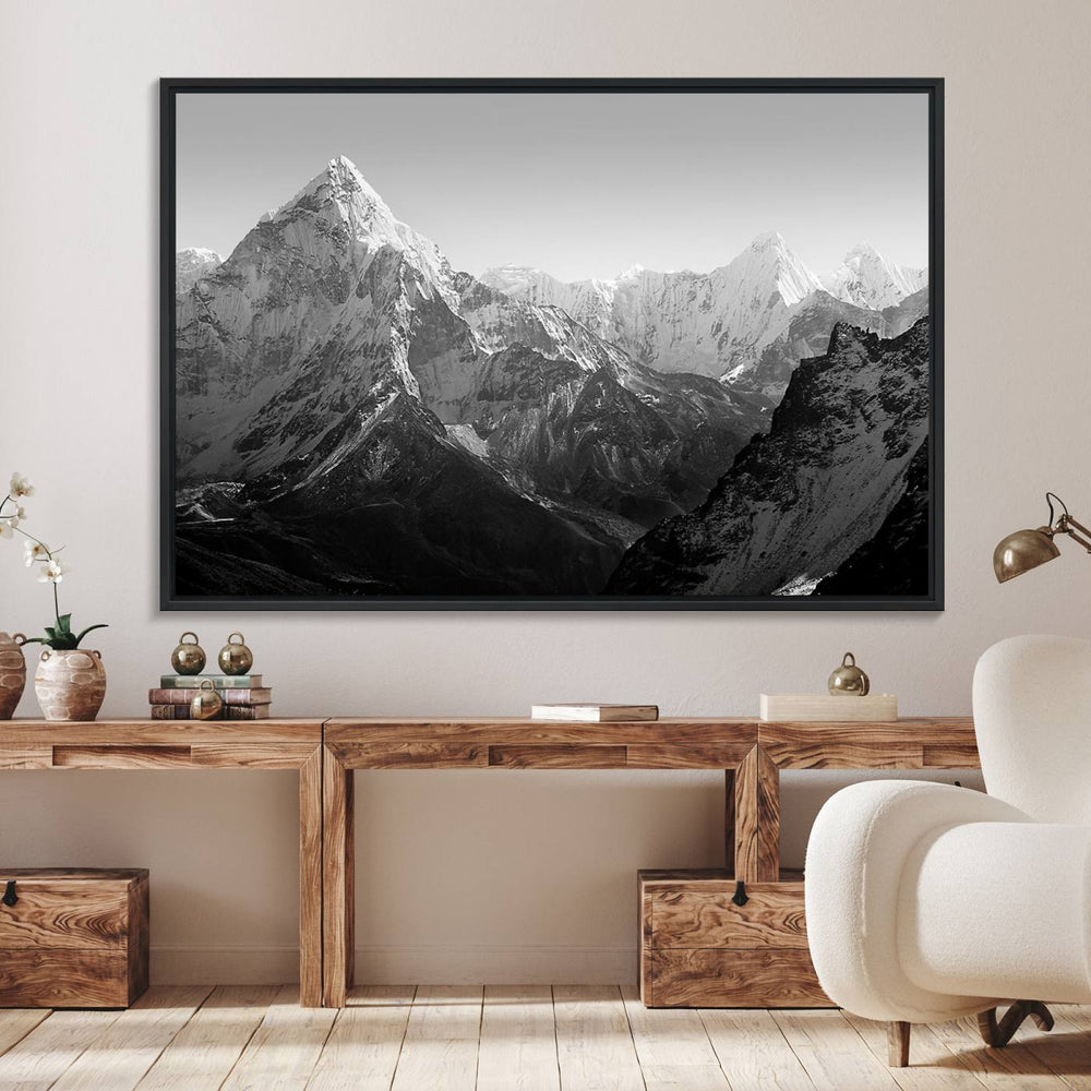 An Everest Himalaya Mountain Peaks Triptych Canvas Art is displayed on the wall.