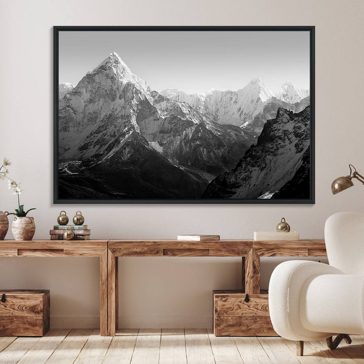 Everest Himalaya Mountain Peaks Black & White Triptych Canvas Art – Mountain Wall Decor for Minimalist Interiors