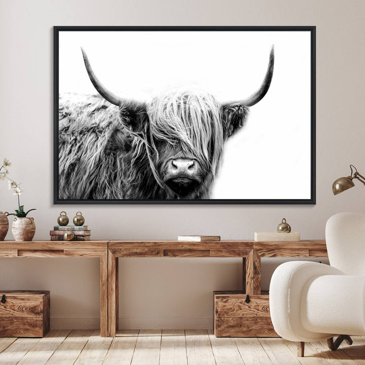 Framed Black and White Scottish Highland Cow Art Print.