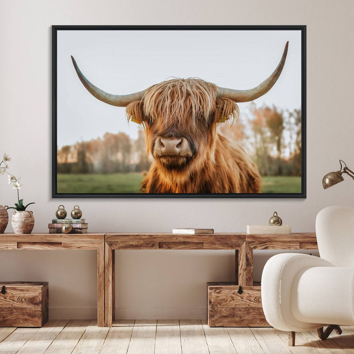 A dining room featuring a Highland Cow Animal Scottish Cattle canvas.