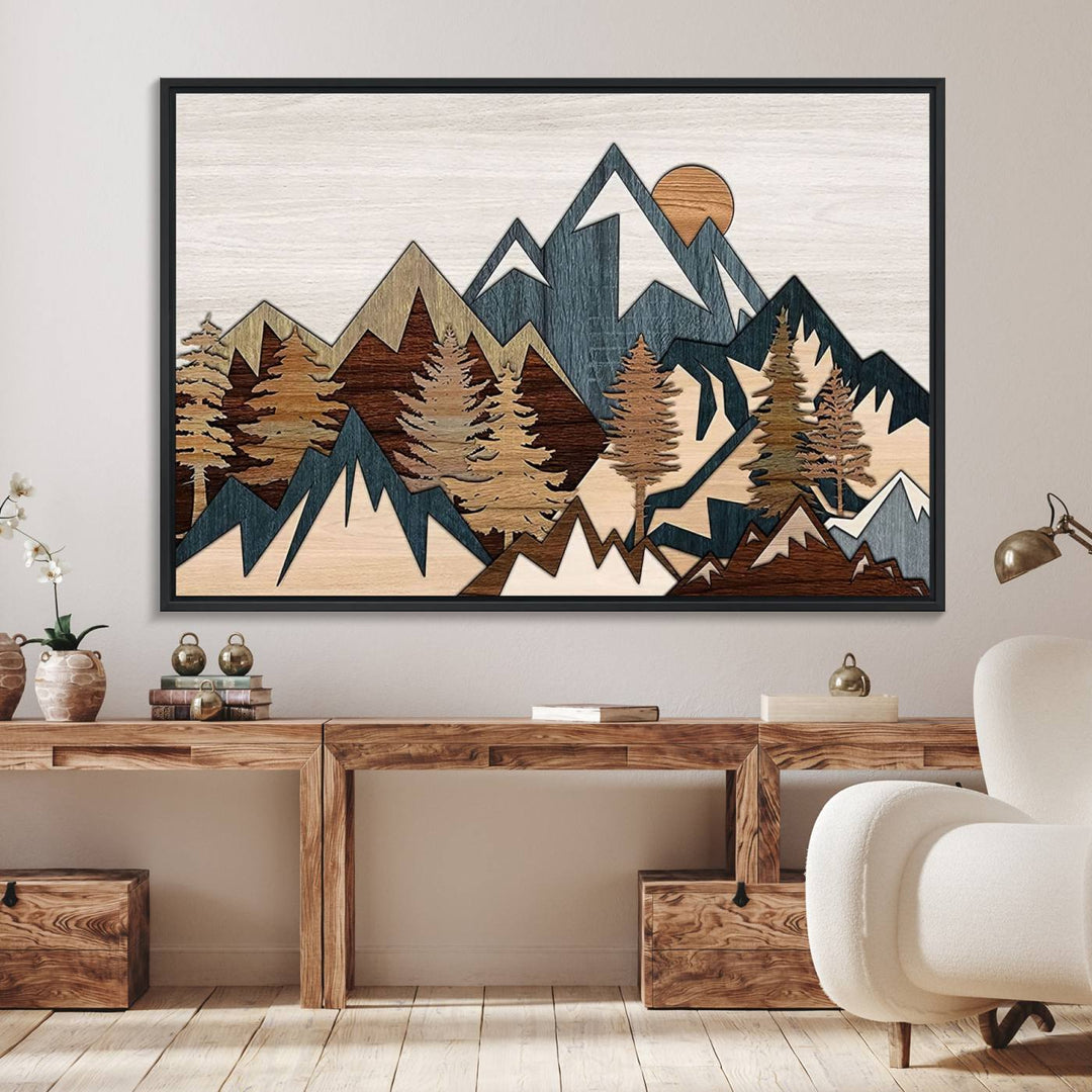 A Woodland Mountain Landscape Triptych serves as the centerpiece of the rustic decor.