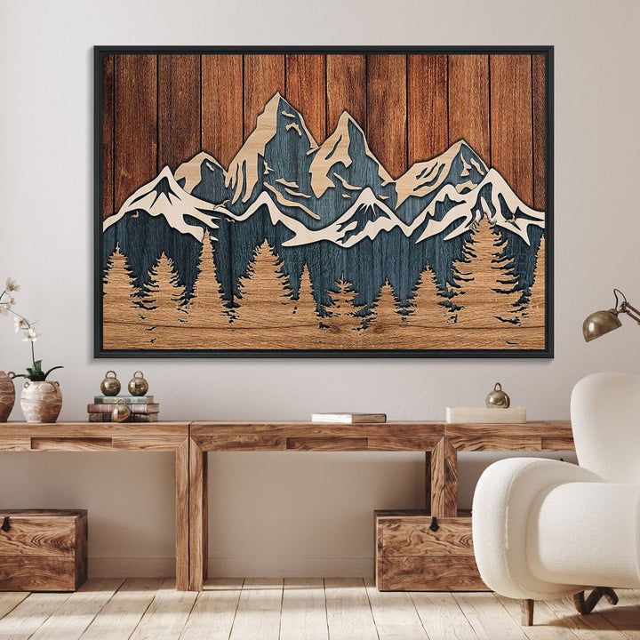 Rustic Wood Style Mountain Wall Art hangs on the wall.