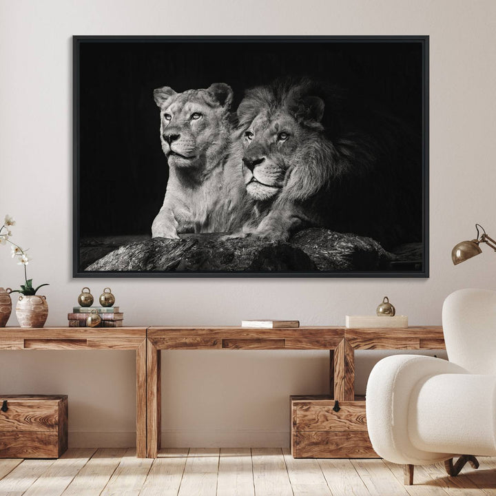 The Lion Couple Canvas Wall Art Print hangs prominently.