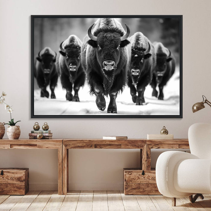 A black and white American Bison herd canvas print adorns the wall.