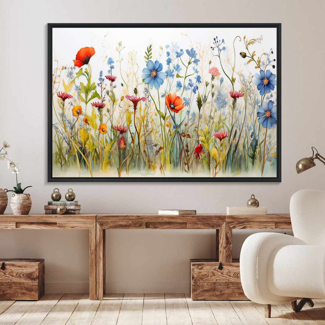 The vibrant Colorful Wildflower Canvas Wall Art adorns the wall.