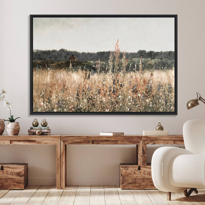 A dining room featuring the Abstract Wildflower Art Field Landscape Oil Painting Print.